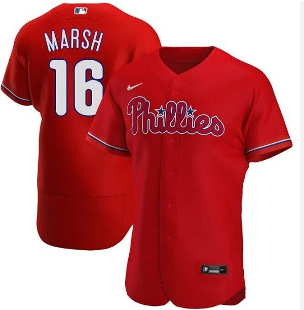 Men's Philadelphia Phillies #16 Brandon Marsh Red Flex Base Stitched Baseball Jersey